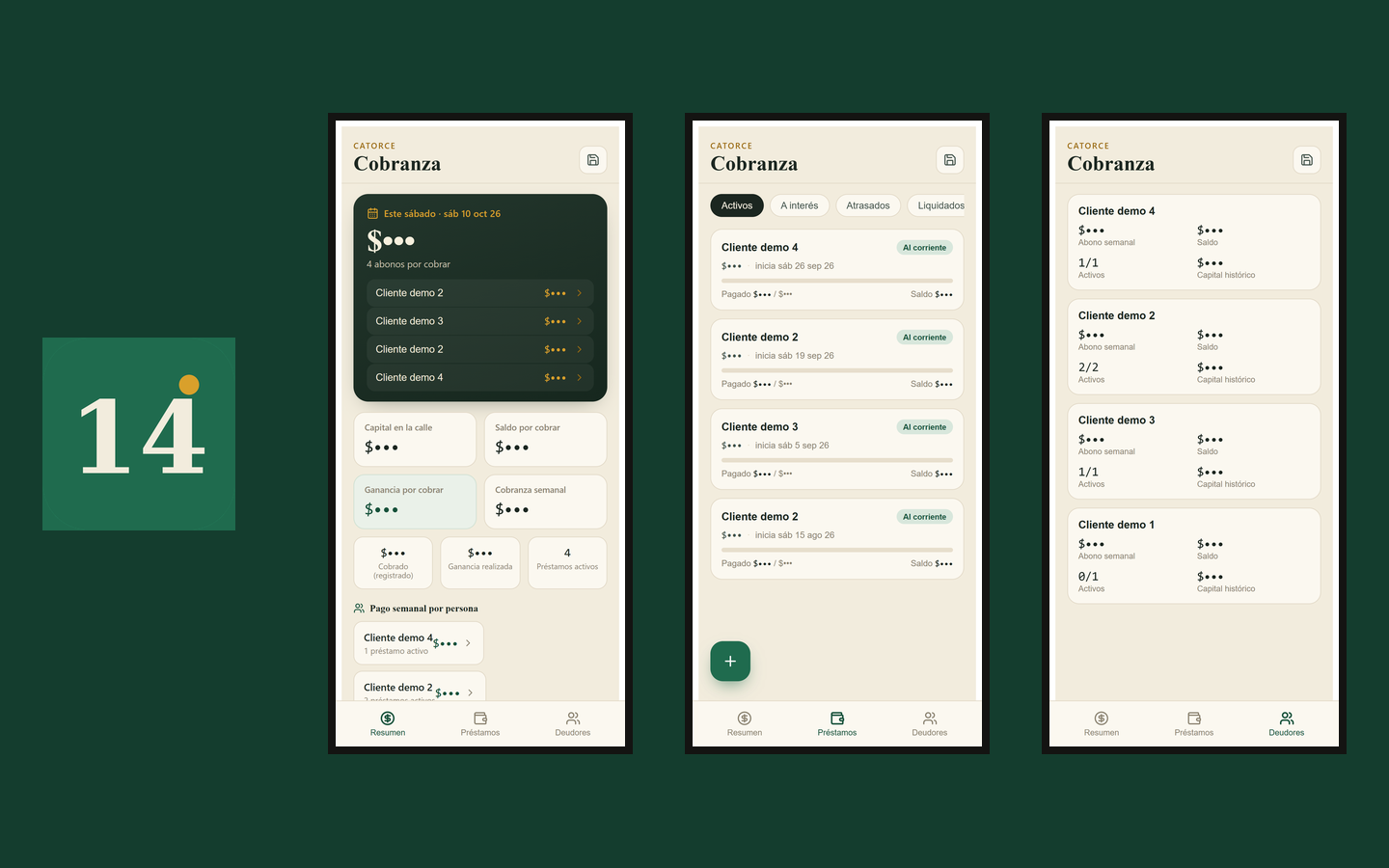 The Catorce logo, a 14 with an amber dot, next to three screens of the app on a phone, with sample data and amounts hidden: summary, loans and borrowers
